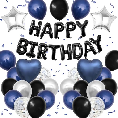 Navy Blue and Black Birthday Decorations for Men Happy Birthday Banner | Blue Black and Silver Confetti Balloons Happy Birthday Decorations for Men Boys Party Decor