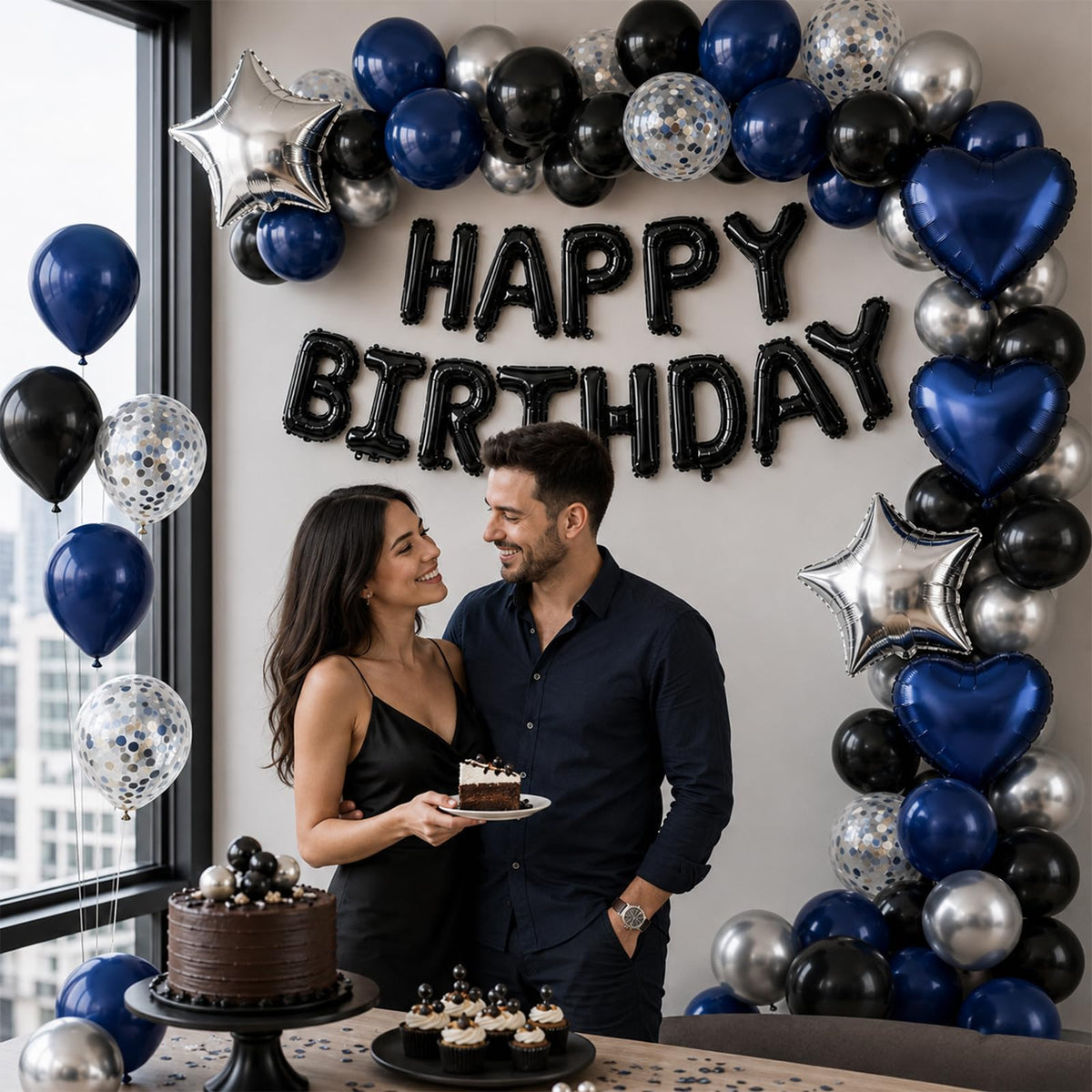 Navy Blue and Black Birthday Decorations for Men Happy Birthday Banner | Blue Black and Silver Confetti Balloons Happy Birthday Decorations for Men Boys Party Decor