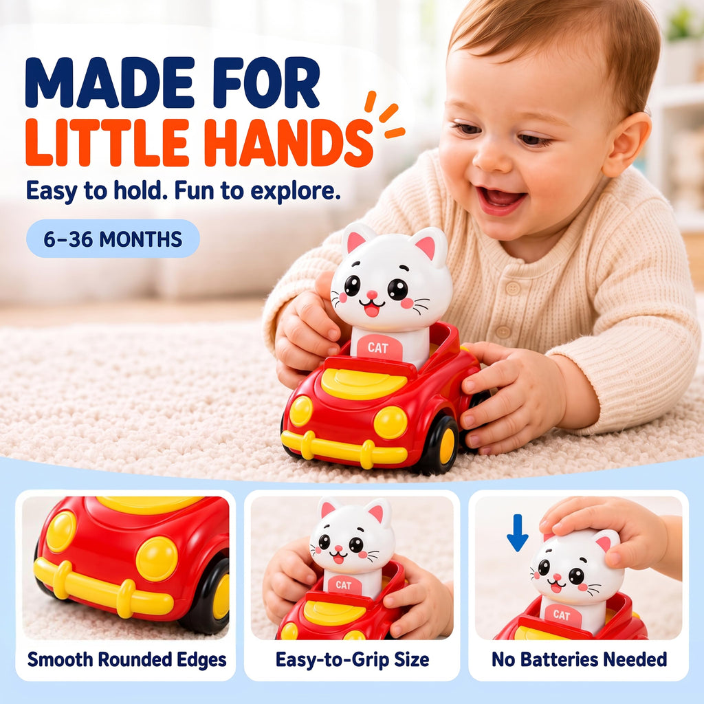 Press to Go Cars for Toddlers 1-3, 4-Pack Animal Toys for 1 Year Old Boy | 4-Pack Animal Cars, Push Go Baby Toys for 6-18 Months, Montessori Vehicle Set, First Birthday Gift for 1 Year Old Boy