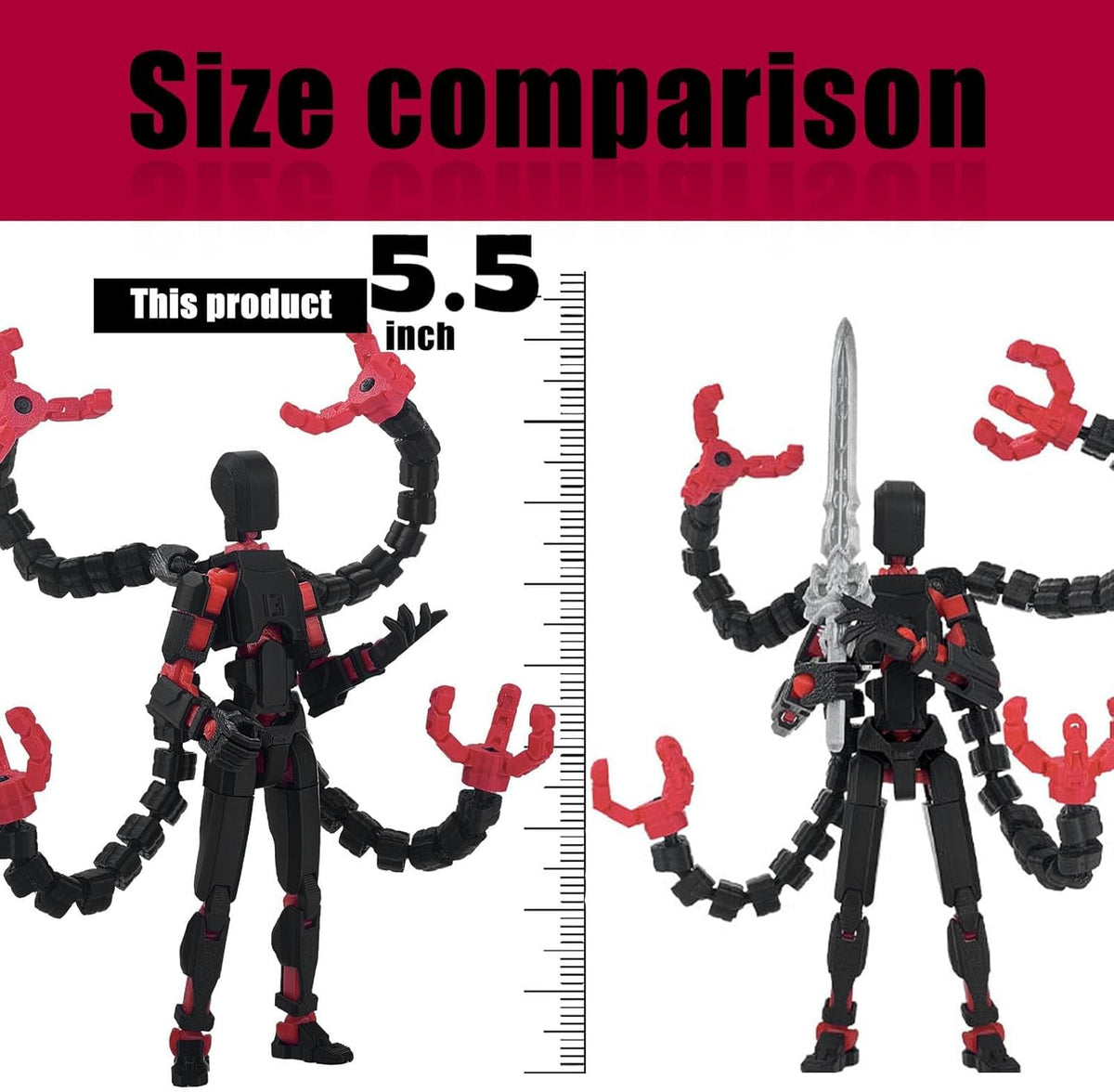 PkghoKids Assembly Completed T 3D Printed Dummy Robot 13 Action Figure Lucky Multi-Articular,Upgraded Tight Joints,Collectors Desktop Ornament Dynamic Modeling (Black Red, 5.5 Inch)
