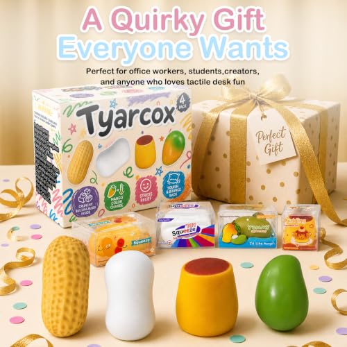 Tyarcox 4 Pack Crunchy Squishy Stress Ball, Mango Pudding Peanut & Soap Block Flake Filled ASMR Fidget, Moldable Sensory Squeeze Gift with Premium Box, Party Favors & Gifts