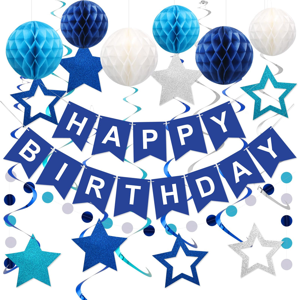 meowtastic Birthday Decorations Happy Birthday Banner with Honeycomb Balls | 16pcs Birthday Set: 1 Banner+6 Honeycomb Balls+8 Star Spirals+1 Circle Dots, Happy Birthday Decor - Blue