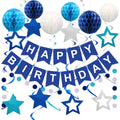 meowtastic Birthday Decorations Happy Birthday Banner with Honeycomb Balls | 16pcs Birthday Set: 1 Banner+6 Honeycomb Balls+8 Star Spirals+1 Circle Dots, Happy Birthday Decor - Blue