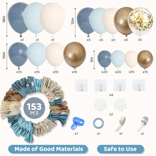 Amandir 153pcs Dusty Blue Balloon Garland Arch Kit Different Sizes | 18 12 10 5inch Blue White Sand Latex Metallic Confetti Gold Balloons Baptism Birthday Boho Shower Party Decoration Supplies