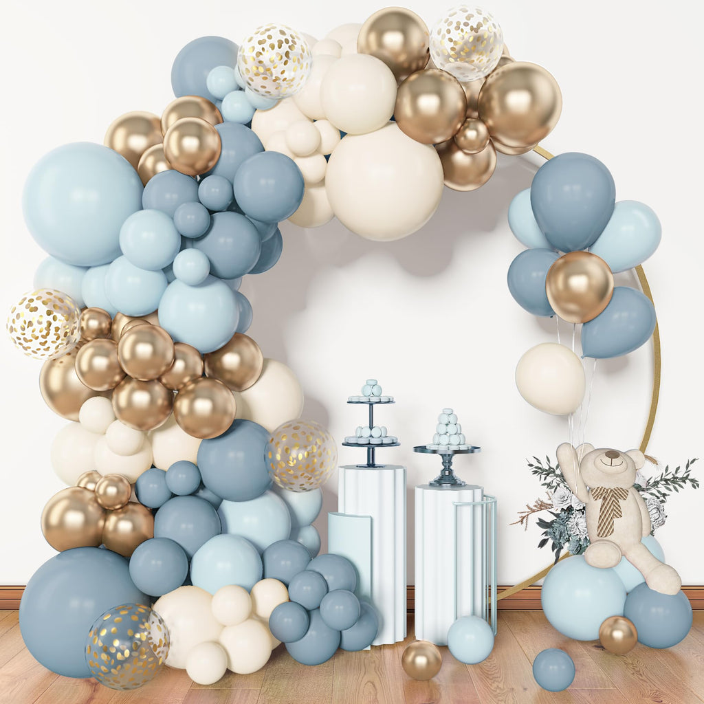 Amandir 153pcs Dusty Blue Balloon Garland Arch Kit Different Sizes | 18 12 10 5inch Blue White Sand Latex Metallic Confetti Gold Balloons Baptism Birthday Boho Shower Party Decoration Supplies