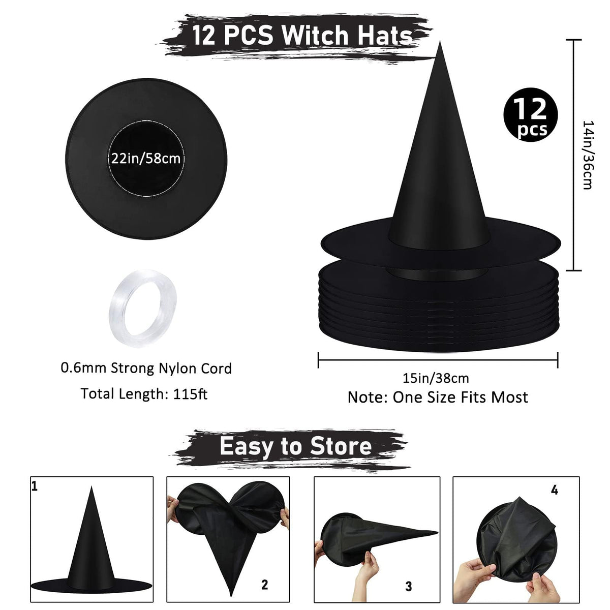 12 Pcs Halloween Decorations 15" Floating Witch Hats Witches Hanging Decor | Thickened Witch Hat Bulk with Rope, Wizard Hats, Halloween Witch Decor for Home Porch Office Indoor Outdoor Hocus Pocus Party
