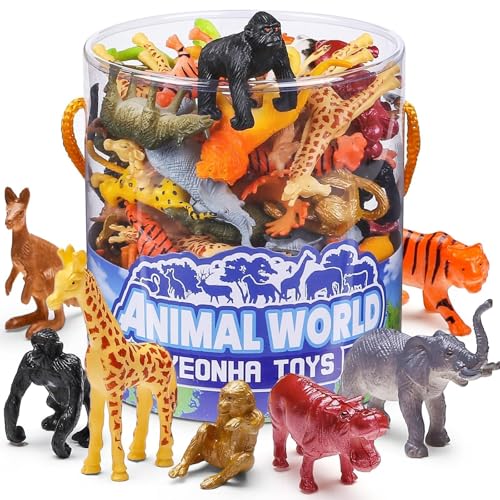 60 Piece Mini Zoo Animal Toy with Gift Box, Plastic Jungle Animal Figurines | Realistic Small Animal Figures Sensory Bins, Party Favors, Cupcake Topper, School Education, Birthday Gifts for Children