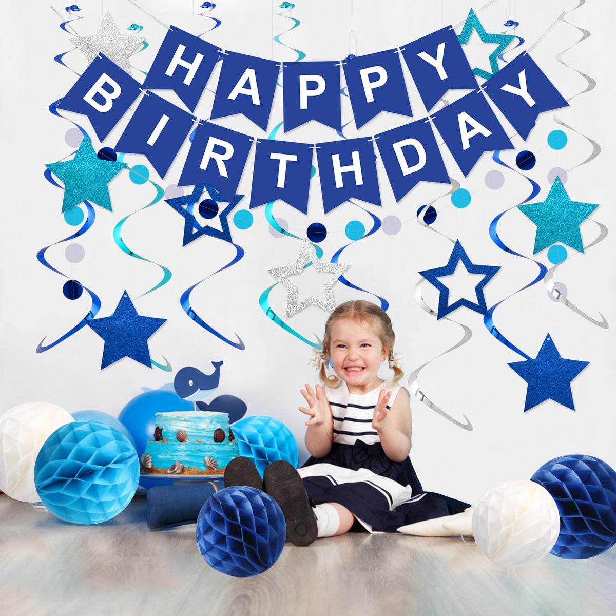 meowtastic Birthday Decorations Happy Birthday Banner with Honeycomb Balls | 16pcs Birthday Set: 1 Banner+6 Honeycomb Balls+8 Star Spirals+1 Circle Dots, Happy Birthday Decor - Blue