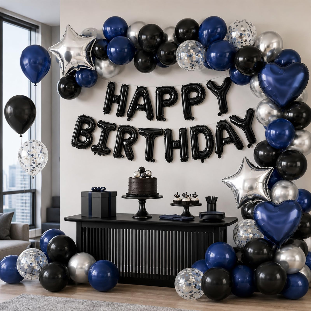 Navy Blue and Black Birthday Decorations for Men Happy Birthday Banner | Blue Black and Silver Confetti Balloons Happy Birthday Decorations for Men Boys Party Decor