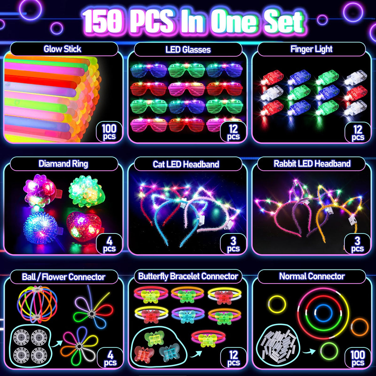 TSDATOWR 150Pcs Glow in the Dark Party Supplies for Kids and Adults
