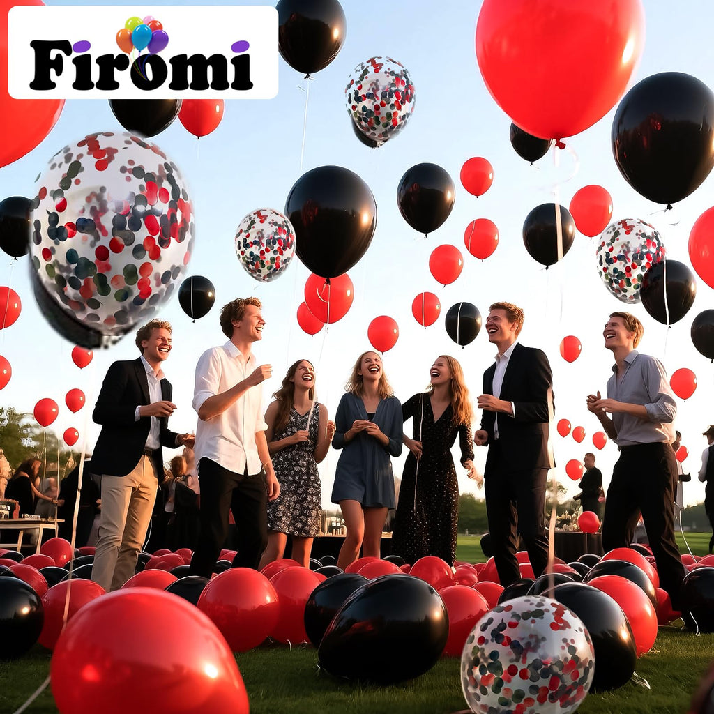 Firomi Red and Black Latex Balloons 12 Inch 70 pack Set (with 2 Ribbons) | Black and Red Confetti Balloons for Birthday Wedding Party