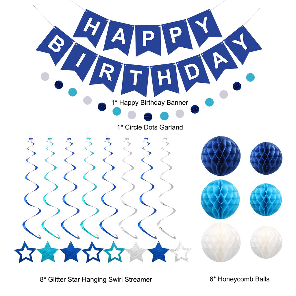 meowtastic Birthday Decorations Happy Birthday Banner with Honeycomb Balls | 16pcs Birthday Set: 1 Banner+6 Honeycomb Balls+8 Star Spirals+1 Circle Dots, Happy Birthday Decor - Blue
