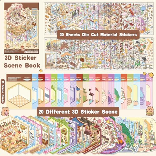 20 Sets DIY 3D Sticker Scene Book for Kids Adults Cozy Room Sticker Therapy | Cute Make Your Own Mini House Miniature Scene Stickers, Gifts for Adult Relief Stress Pass The Time, Hamburg Castle Library