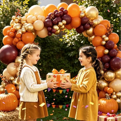 Burgundy Fall Balloon Arch Kit for Autumn Thanksgiving Party Decorations | 124Pcs Burnt Orange Burgundy Gold Nude Balloons, Harvest Baby Shower Wedding Birtday Party Decorations, 124Pcs