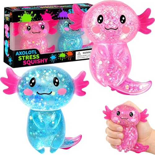 2PCS Axolotl Squishy Stress Relief Toy,Glitter Fidget Squishy Toys,Cute Axolotls Squeeze Toys, Fidget Toys for Adults,Party Favors (Blue+Pink Axolotl)