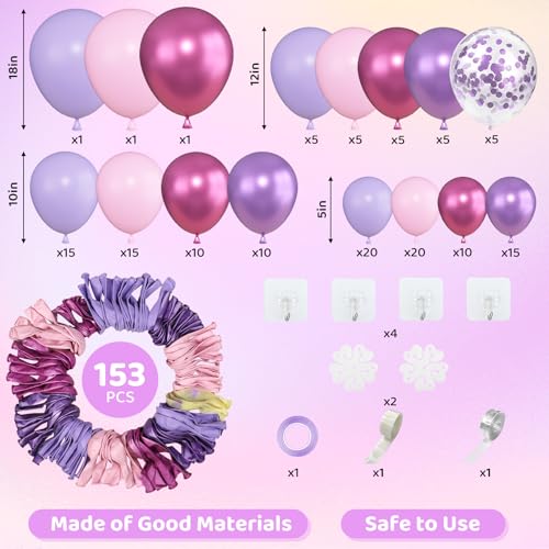 Amandir 153pcs Pink Purple Balloon Garland Arch Kit Different Sizes | 18 12 10 5 inch Pink Purple Red Latex Metallic Confetti Balloons for K pop Music Birthday Bridal Baby Shower Party Decoration