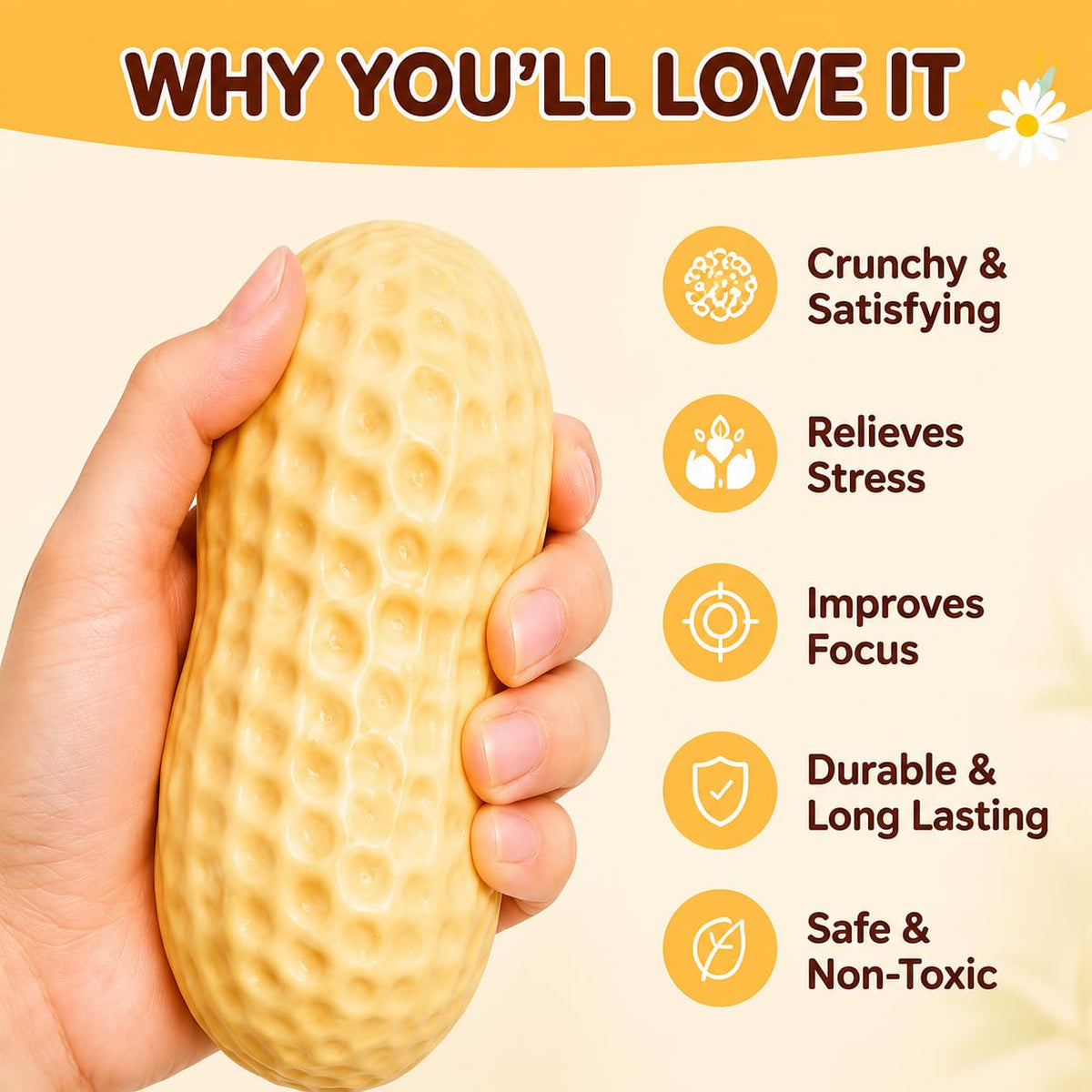 Crunchy Peanut Squishies ASMR Toy, Bead Filled Realistic Bar Stress Ball | Soft Sensory Play Moldable Squishies body is easy to press, stretch, and reshape for relaxing hands-on play