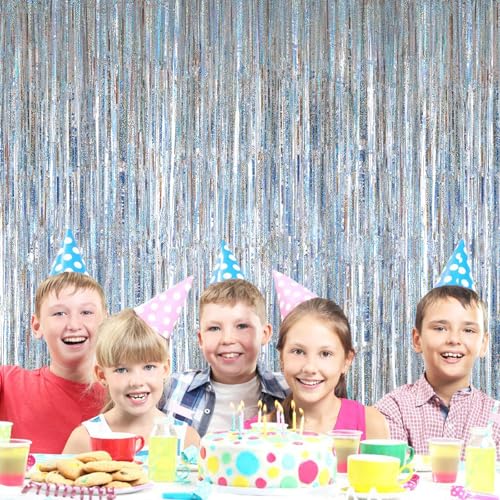 PIGETALE Glitter Silver Backdrop, 2 Pack 3.2 x 8.2 ft Fringe Curtains