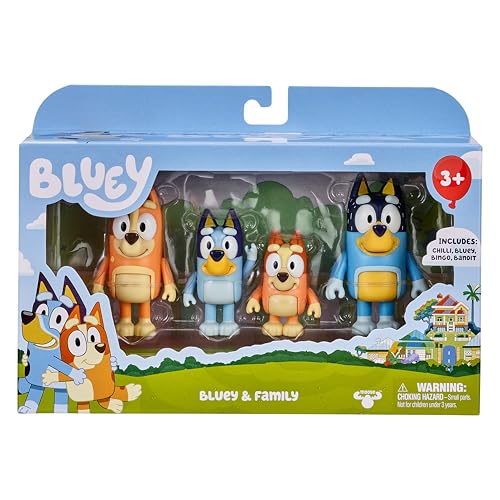 Bluey Family Figure 4-Pack, Poseable Toys with Bingo & Bandit | Movable arms & legs, portable size for on-the-go play; toddler figurine toys for kids ages 3+, thoughtful gift