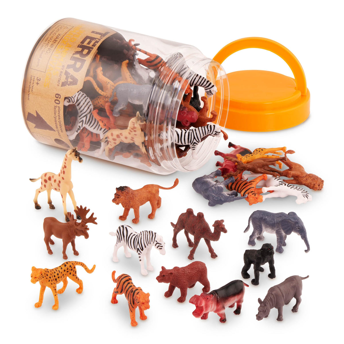 Terra by Battat Wild Animal Figurines Tube, 60 Mini Safari Figures, Animals | 60 realistic mini wild animal figures in a portable tube for pretend play, crafts, dioramas, sensory bins, Animals, 3+ Years
