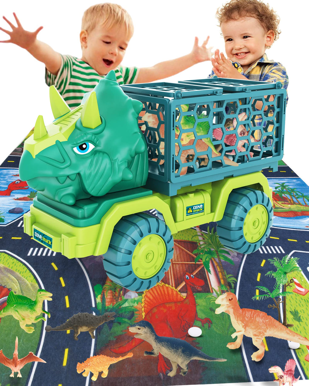 Dinosaur Truck Toys for Kids 3-5, Triceratops Car Toy with 15 Dino Figures,Large Activity Play Mat, Dinosaur Eggs, Dinosaur Play Set for Boys and Girls,Christmas Xmax,Stocking Stuffers