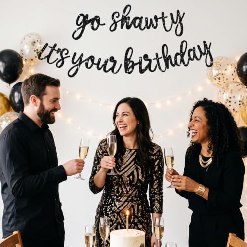 BEISHIDA Glitter Black Pre-Strung Go Shawty It's Your Birthday Banner Decor | NO DIY,birthday decorations for women,Hip Hop Rap Theme Sign,Happy Birthday Banner,Rap Theme Happy Birthday Sign