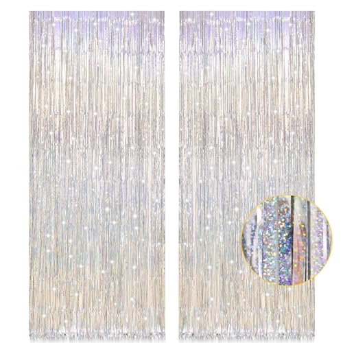 PIGETALE Glitter Silver Backdrop, 2 Pack 3.2 x 8.2 ft Fringe Curtains
