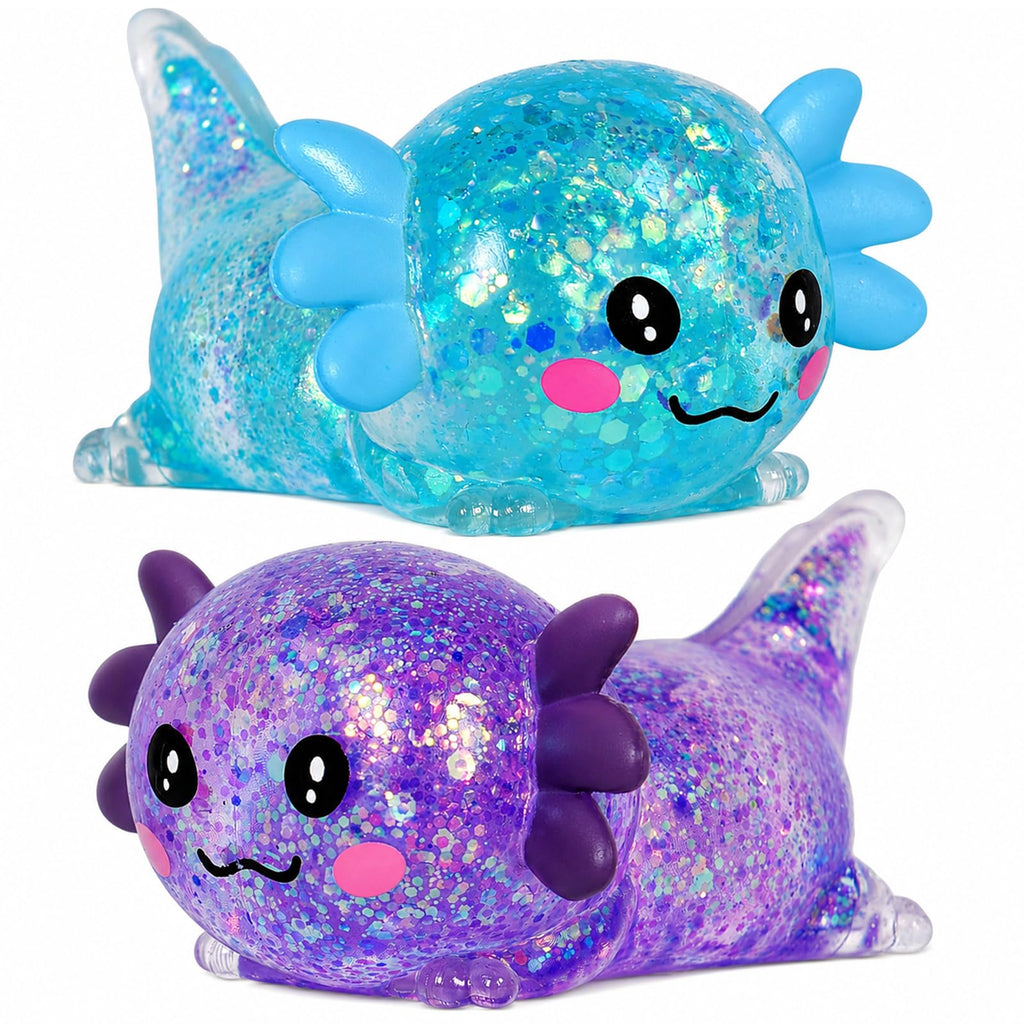 2 Packs Axolotl Squishy Toy, Glitter Fidget Toys Cute Axolotl Stress Relief Squeeze Toy Gifts for Kids Adult, Squishies Toys (pabluepurple)