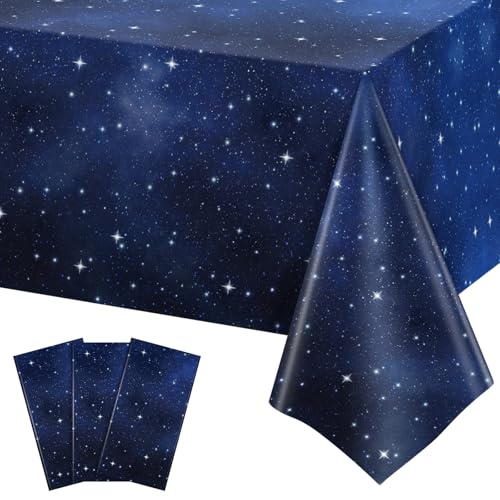 3 Pack Plastic Space Tablecloths, Disposable Galaxy Themed Tablecloth | Waterproof Rectangle Star Party Table Cover for Home Party Decorations 54 x 108 Inch