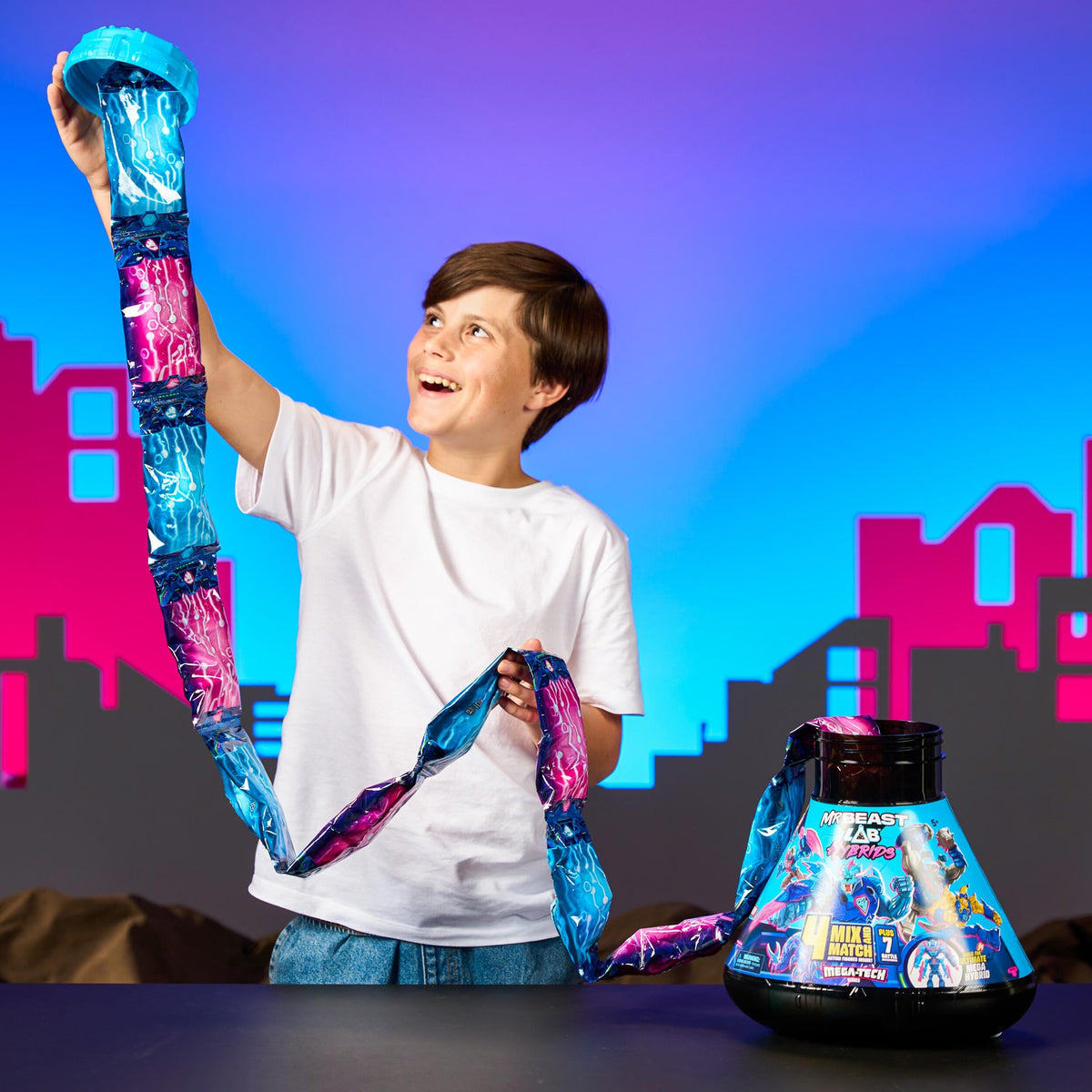MrBeast Lab Hybrids Mega Pack, 4 Mix & Match Figures, 7 Accessories | 4-inch action figures with 10 points of articulation; crack the MrBeast Lab Containment Vessel to reveal MrBeast toys