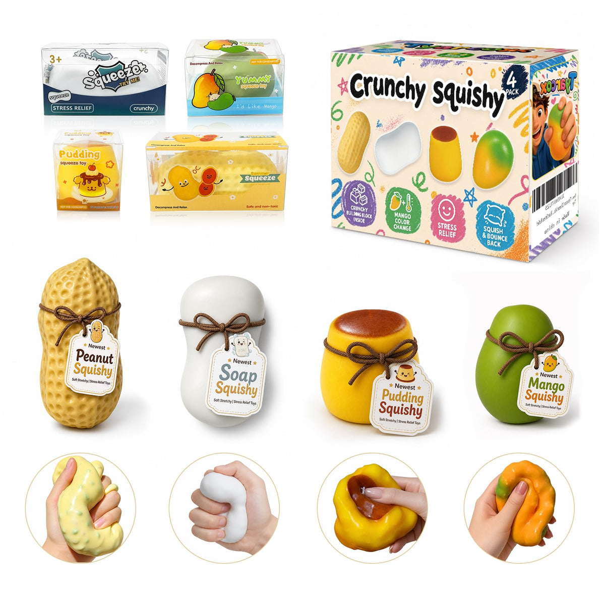 Tyarcox 4 Pack Crunchy Squishy Stress Ball, Mango Pudding Peanut & Soap Block Flake Filled ASMR Fidget, Moldable Sensory Squeeze Gift with Premium Box, Party Favors & Gifts