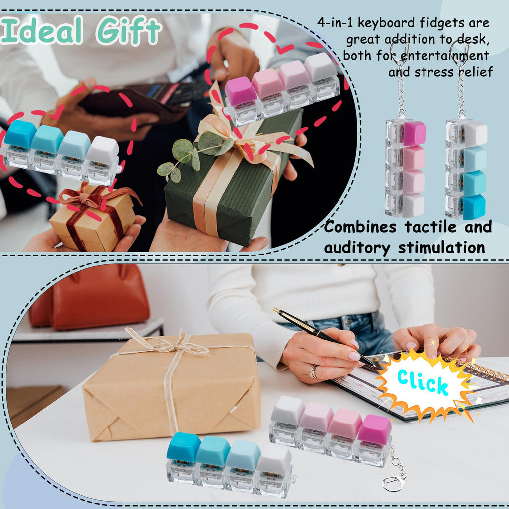 2 PCS Keyboard Fidget Toy, Keyboard Fidget Keychain 4-in-1 Keyboard Decompression Button Finger Clicker Toys (Blue Pink, General)