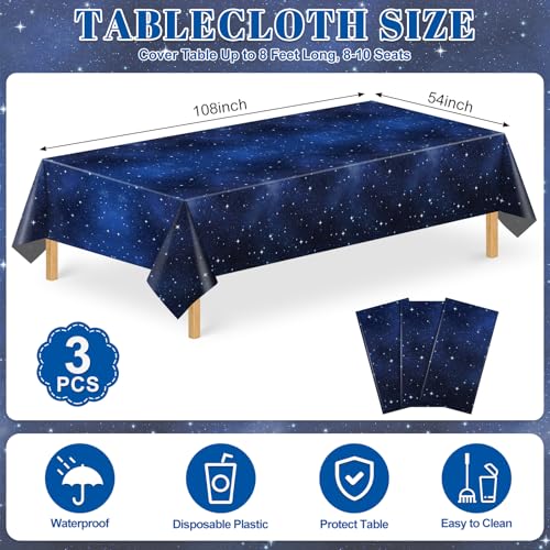 3 Pack Plastic Space Tablecloths, Disposable Galaxy Themed Tablecloth | Waterproof Rectangle Star Party Table Cover for Home Party Decorations 54 x 108 Inch
