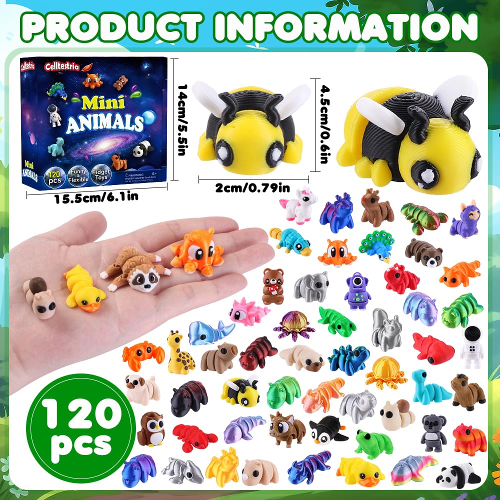 Celltestria 120Pcs 3D Printed Animals Figurines Articulated Fidget Toys | Mini 3D Printed Figurines for Goodie Bags Classroom Prize Rewards Party Favors Gifts Exchange