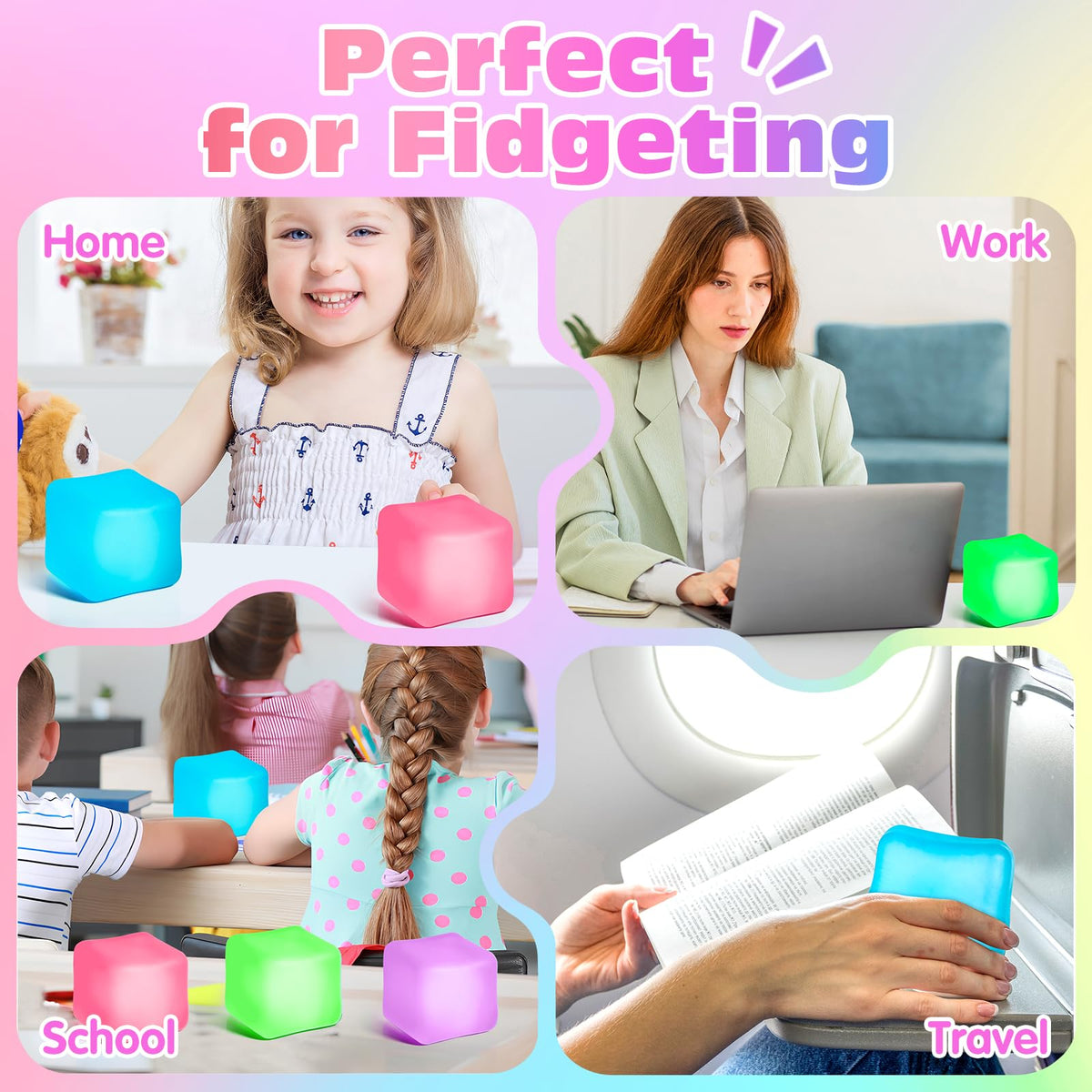 VISCOO 4 Pack Stress Cube,Slow Rising Cube Stress Balls for Adults Kids | Sensory Fidget Toy for Anxiety Relief, Square Shape Cube Squishy for Classroom Prizes, Squishy Balls for Party Favors