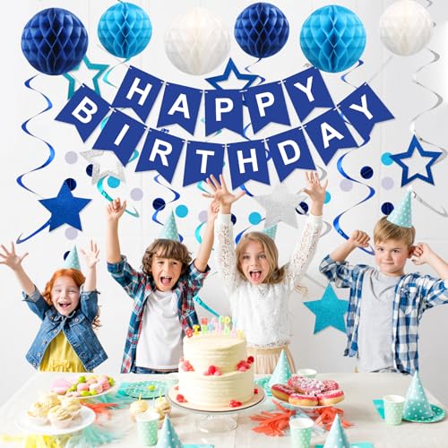 meowtastic Birthday Decorations Happy Birthday Banner with Honeycomb Balls | 16pcs Birthday Set: 1 Banner+6 Honeycomb Balls+8 Star Spirals+1 Circle Dots, Happy Birthday Decor - Blue