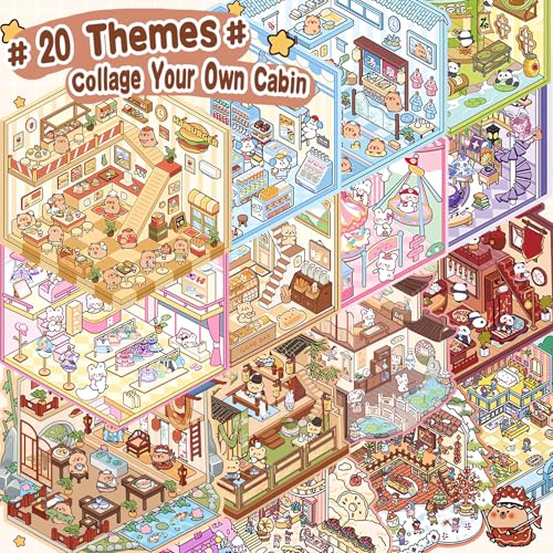 20 Sets DIY 3D Sticker Scene Book for Kids Adults Cozy Room Sticker Therapy | Cute Make Your Own Mini House Miniature Scene Stickers, Gifts for Adult Relief Stress Pass The Time, Hamburg Castle Library
