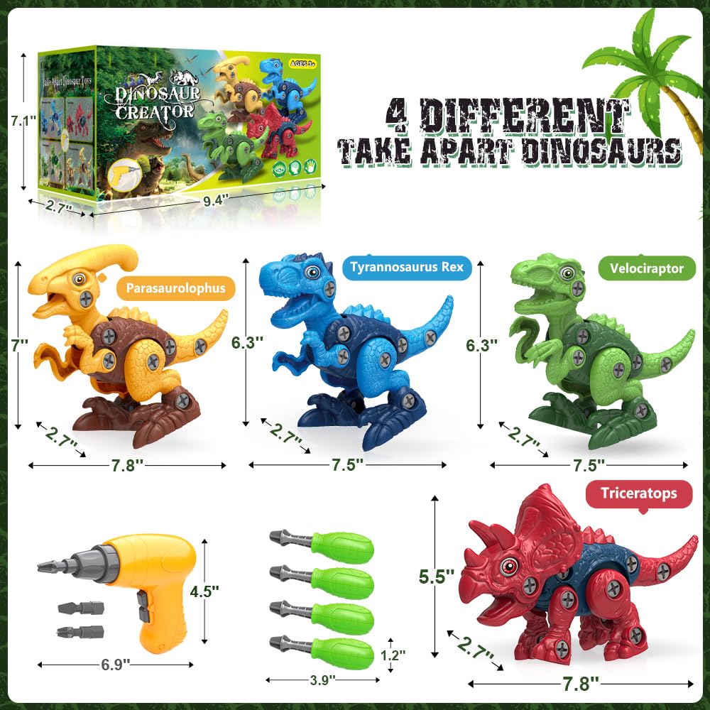 Dinosaur Toys for 3, 4, 5, 6, 7 Year Old Boys, Take Apart Toys with Electric Drill for Kids, STEM Educational Construction Building Toy, Ideal Birthday Christmas Easter Gifts, Incl Tyrannosaurus Rex
