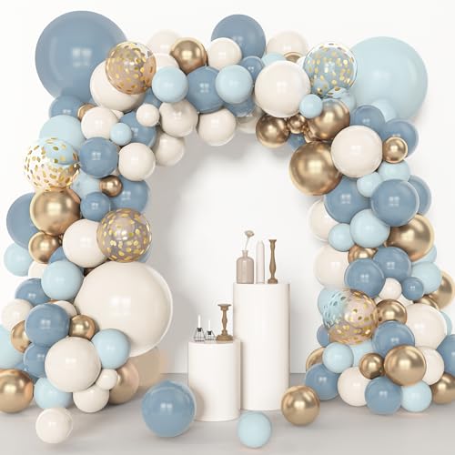 Amandir 153pcs Dusty Blue Balloon Garland Arch Kit Different Sizes | 18 12 10 5inch Blue White Sand Latex Metallic Confetti Gold Balloons Baptism Birthday Boho Shower Party Decoration Supplies