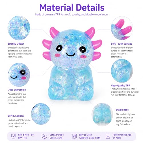 Tibberly Axolotl Squishy Stress Ball, Soft Slow Rising Sensory Toy | Cute soft axolotl squishy with a slow rising feel for squeezing, sensory play, relaxation, focus and everyday stress relief.