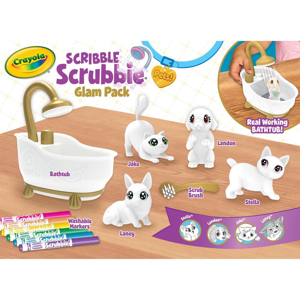 Crayola Scribble Scrubbies Glam Pack (4 Pets), Washable Pet Care Toy & Coloring Animal Craft Kit, Gift for Kids, Playset for Girls & Boys, Ages 3+