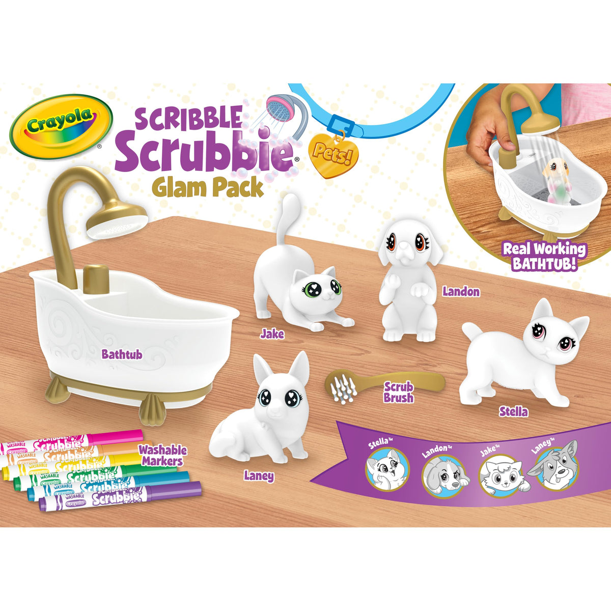 Crayola Scribble Scrubbies Glam Pack (4 Pets), Washable Pet Care Toy & Coloring Animal Craft Kit, Gift for Kids, Playset for Girls & Boys, Ages 3+