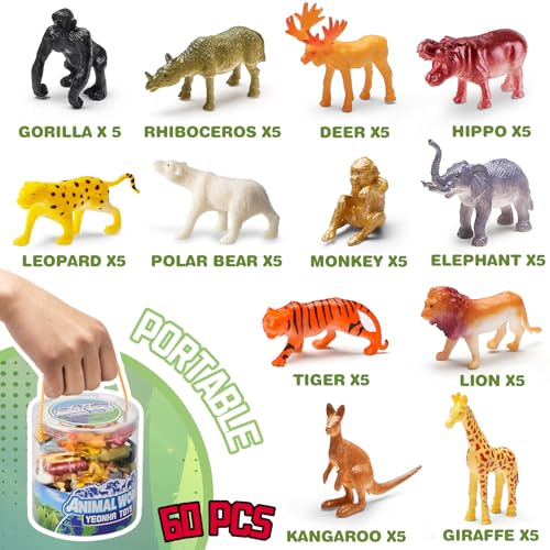 60 Piece Mini Zoo Animal Toy with Gift Box, Plastic Jungle Animal Figurines | Realistic Small Animal Figures Sensory Bins, Party Favors, Cupcake Topper, School Education, Birthday Gifts for Children