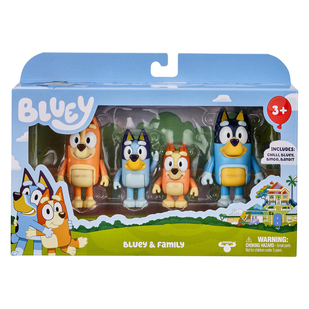 Bluey Family Figure 4-Pack, Poseable Toys with Bingo & Bandit | Movable arms & legs, portable size for on-the-go play; toddler figurine toys for kids ages 3+, thoughtful gift