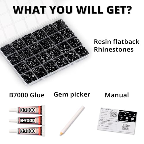 35000Pcs Black Rhinestones for Bedazzling, Flatback Bedazzle Gems Crystal | 2,3,4,5,6mm Flat Back Resin Diamond Rinestones Bedazzler Kit Jewels with 3Pcs b7000 Glue for Dress Crafting Clothing Shoes