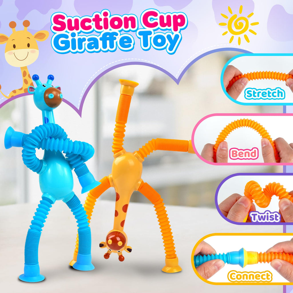 Giraffe Sensory Travel Toys 4Pcs for Road Trip Car Ride Airplane Toddler Girl Year Old Ages 3 4 5 6 7 8, Suction Autism Pop Tube Fidget Toy Autistic Valentines Day Stocking Easter Basket Stuffer Gift