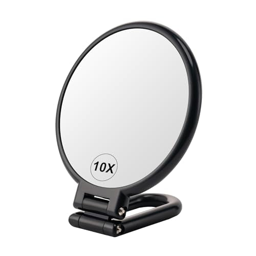 10X Magnifying Mirror, Double Side Handheld Mirror, Travel Makeup Mirror | 1X/10X Magnification, Adjustable Rotation Handle/Stand, Portable Foldable Hand Mirror, Travel Essential, Black