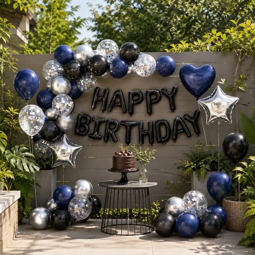 Navy Blue and Black Birthday Decorations for Men Happy Birthday Banner | Blue Black and Silver Confetti Balloons Happy Birthday Decorations for Men Boys Party Decor