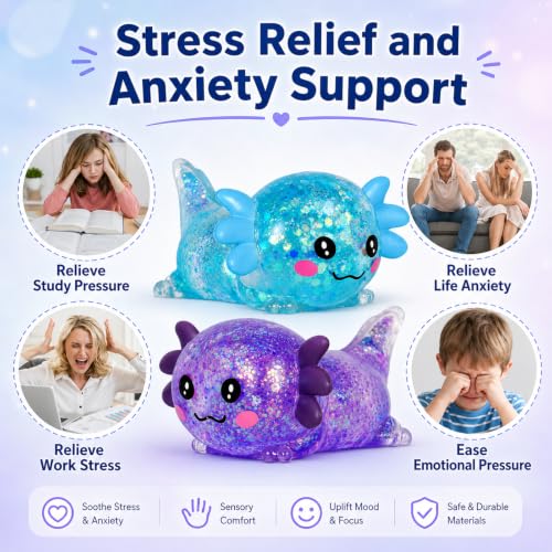 2 Packs Axolotl Squishy Toy, Glitter Fidget Toys Cute Axolotl Stress Relief Squeeze Toy Gifts for Kids Adult, Squishies Toys (pabluepurple)