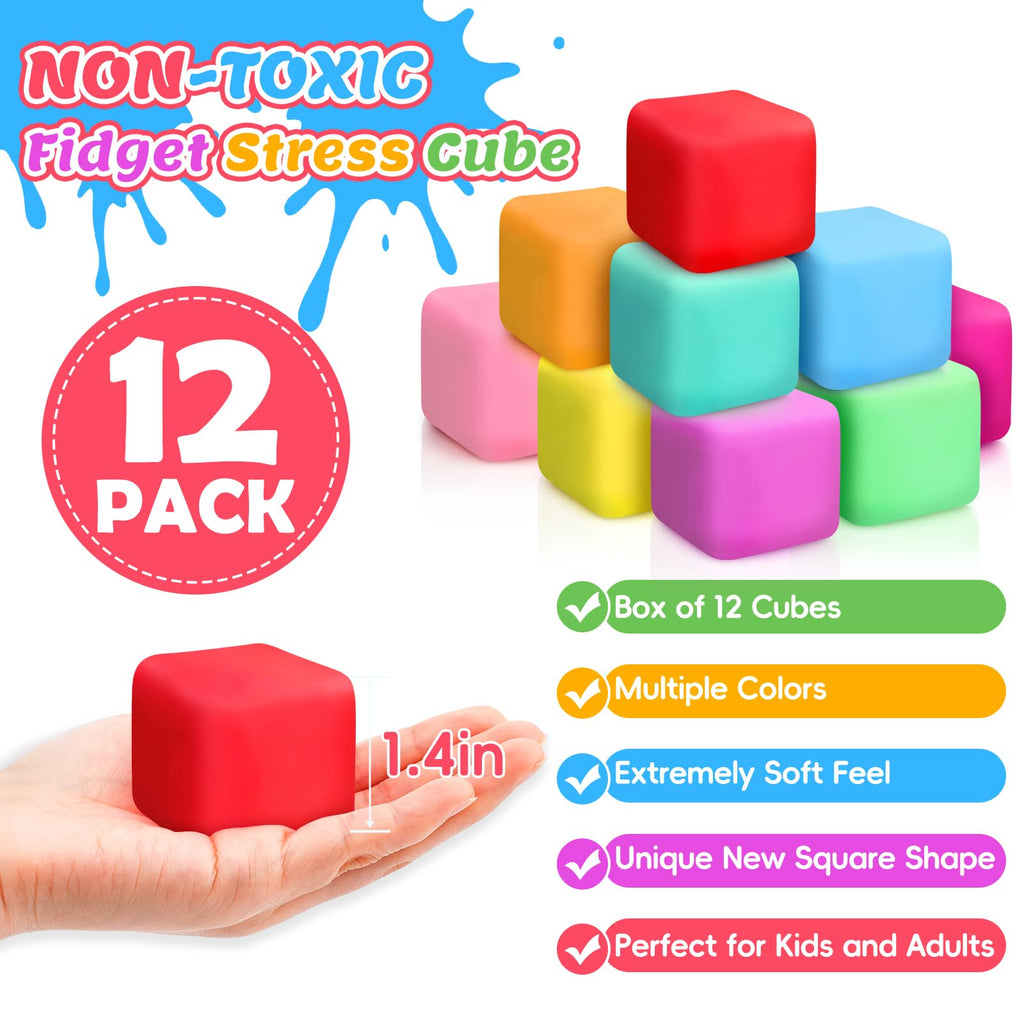 VISCOO 12 Pack Slow Rising Stress Cube, Stress Balls Fidget Squishy Toys | Squeeze Toy for Anxiety Relief, Pull Stretch Squishy Ball for Classroom Prize, Party Favors for Kids Adults